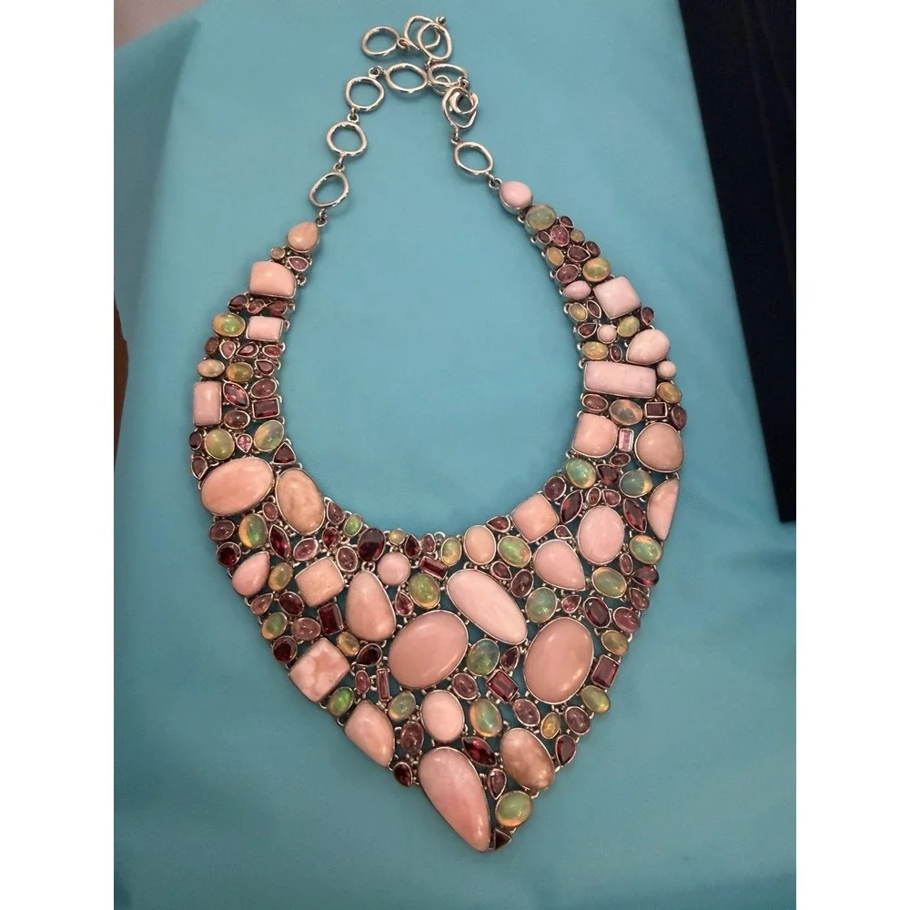 Ethiopian Opal, Pink Opal , Tourmaline,  MultiGemstone Necklace Sterling Silver